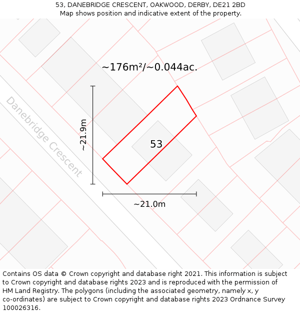 53, DANEBRIDGE CRESCENT, OAKWOOD, DERBY, DE21 2BD: Plot and title map