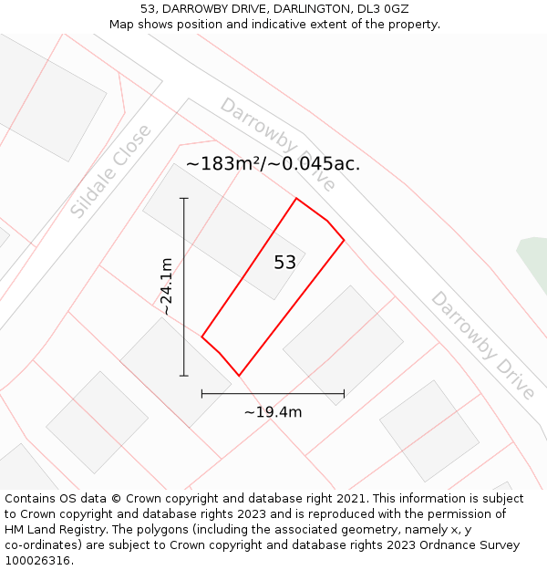 53, DARROWBY DRIVE, DARLINGTON, DL3 0GZ: Plot and title map