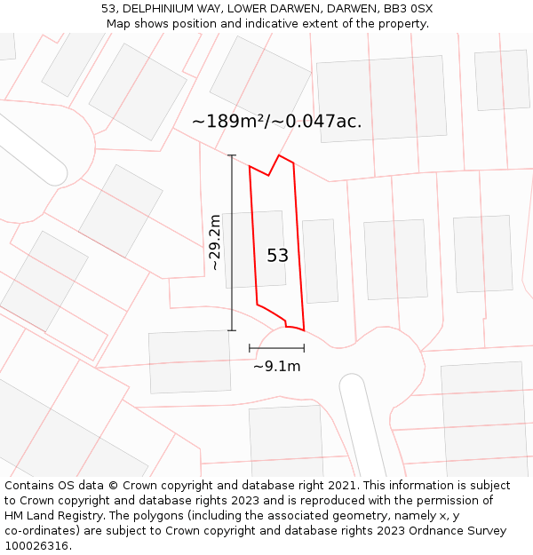 53, DELPHINIUM WAY, LOWER DARWEN, DARWEN, BB3 0SX: Plot and title map