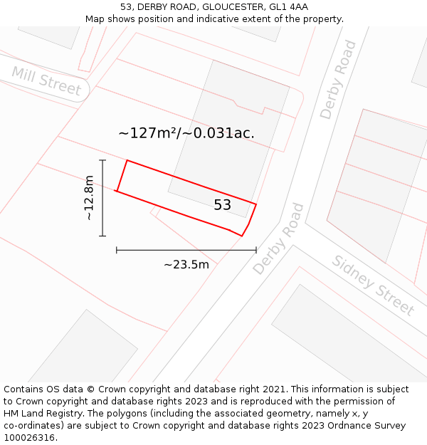 53, DERBY ROAD, GLOUCESTER, GL1 4AA: Plot and title map