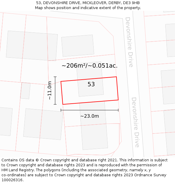 53, DEVONSHIRE DRIVE, MICKLEOVER, DERBY, DE3 9HB: Plot and title map