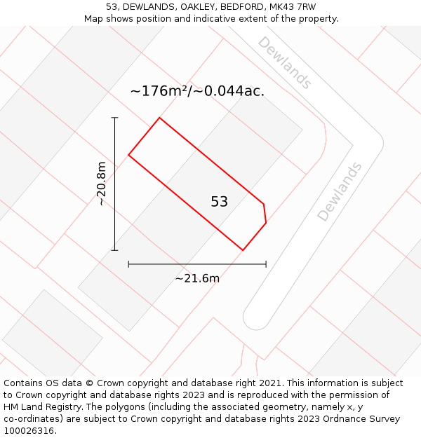 53, DEWLANDS, OAKLEY, BEDFORD, MK43 7RW: Plot and title map