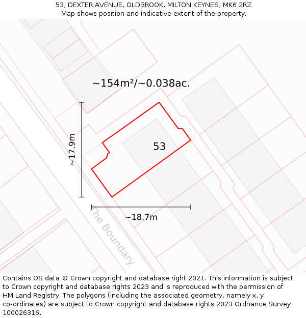 53, DEXTER AVENUE, OLDBROOK, MILTON KEYNES, MK6 2RZ: Plot and title map