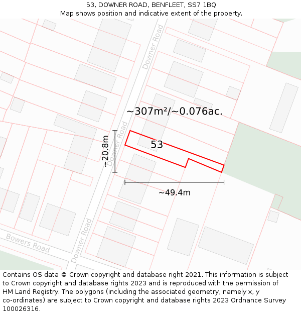 53, DOWNER ROAD, BENFLEET, SS7 1BQ: Plot and title map