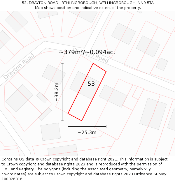 53, DRAYTON ROAD, IRTHLINGBOROUGH, WELLINGBOROUGH, NN9 5TA: Plot and title map