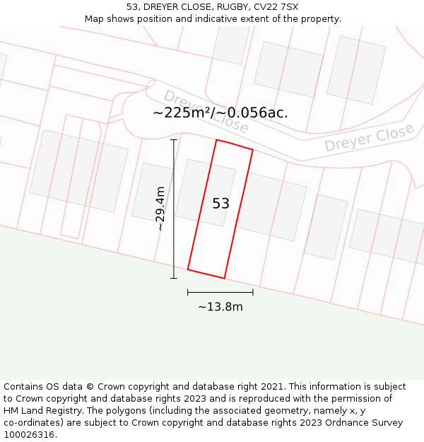 53, DREYER CLOSE, RUGBY, CV22 7SX: Plot and title map