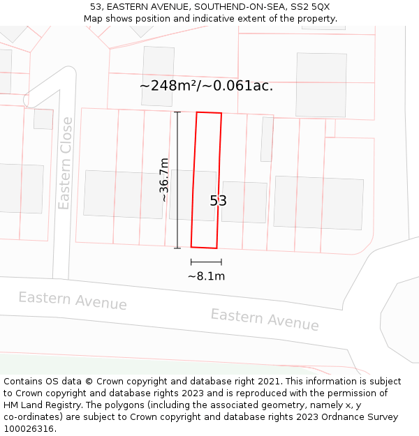 53, EASTERN AVENUE, SOUTHEND-ON-SEA, SS2 5QX: Plot and title map