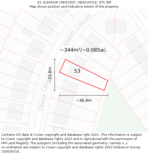 53, ELEANOR CRESCENT, NEWCASTLE, ST5 3RF: Plot and title map