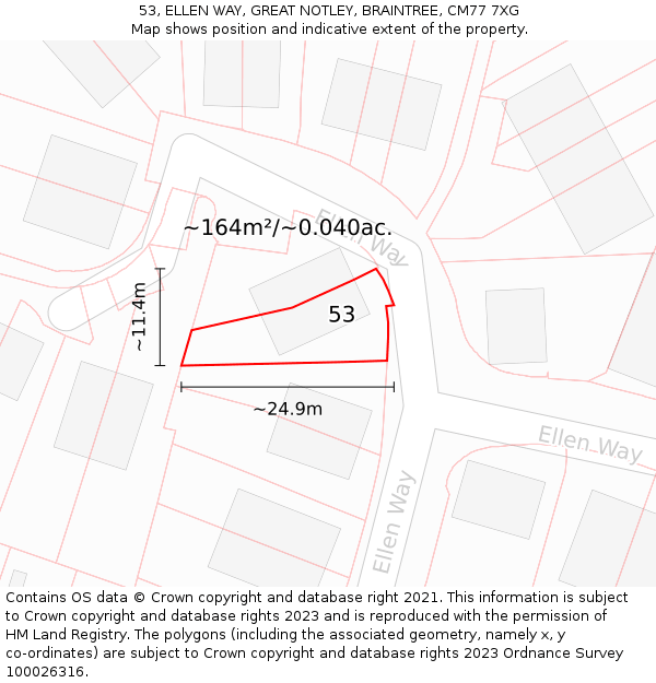 53, ELLEN WAY, GREAT NOTLEY, BRAINTREE, CM77 7XG: Plot and title map