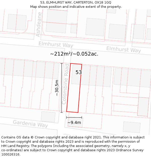 53, ELMHURST WAY, CARTERTON, OX18 1GQ: Plot and title map