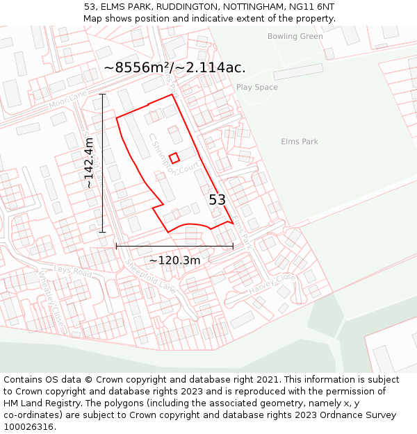 53, ELMS PARK, RUDDINGTON, NOTTINGHAM, NG11 6NT: Plot and title map