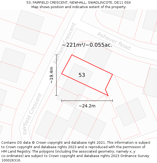 53, FAIRFIELD CRESCENT, NEWHALL, SWADLINCOTE, DE11 0SX: Plot and title map