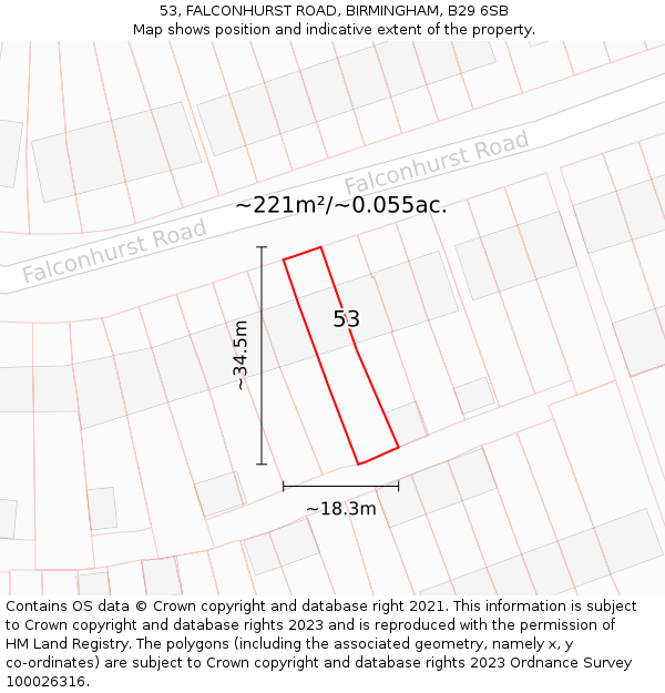 53, FALCONHURST ROAD, BIRMINGHAM, B29 6SB: Plot and title map