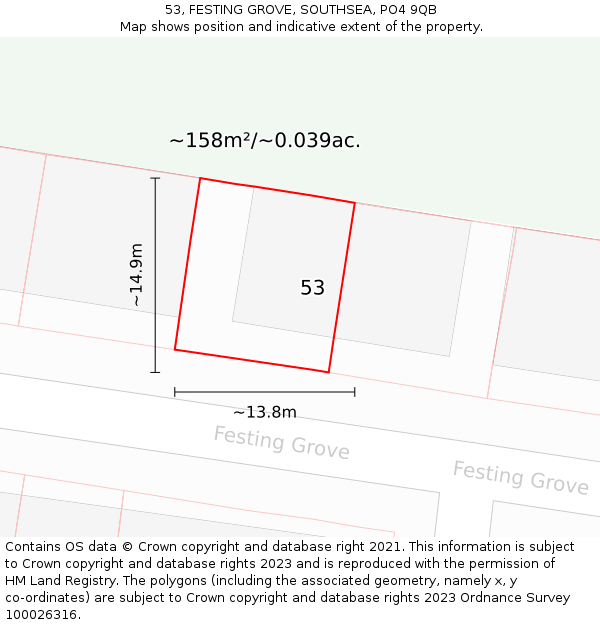 53, FESTING GROVE, SOUTHSEA, PO4 9QB: Plot and title map