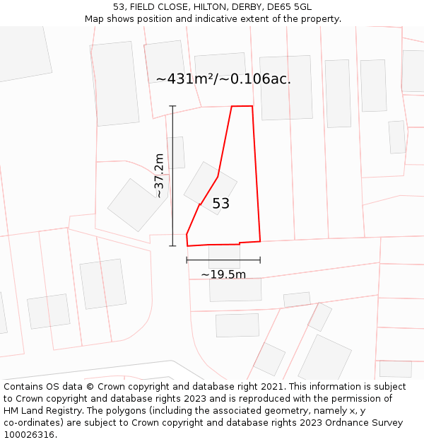 53, FIELD CLOSE, HILTON, DERBY, DE65 5GL: Plot and title map