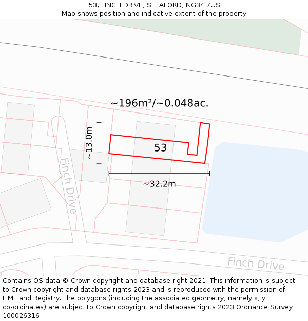 53, FINCH DRIVE, SLEAFORD, NG34 7US: Plot and title map