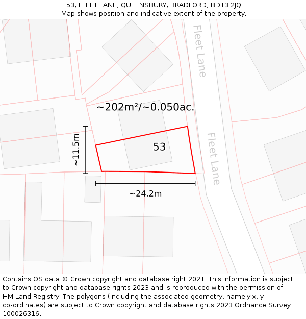 53, FLEET LANE, QUEENSBURY, BRADFORD, BD13 2JQ: Plot and title map