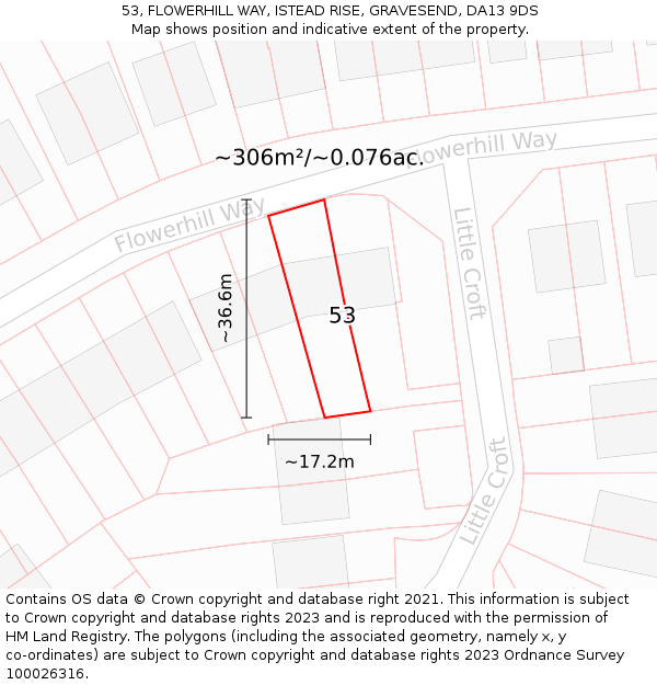 53, FLOWERHILL WAY, ISTEAD RISE, GRAVESEND, DA13 9DS: Plot and title map