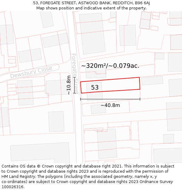 53, FOREGATE STREET, ASTWOOD BANK, REDDITCH, B96 6AJ: Plot and title map