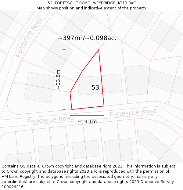 53, FORTESCUE ROAD, WEYBRIDGE, KT13 8XG: Plot and title map