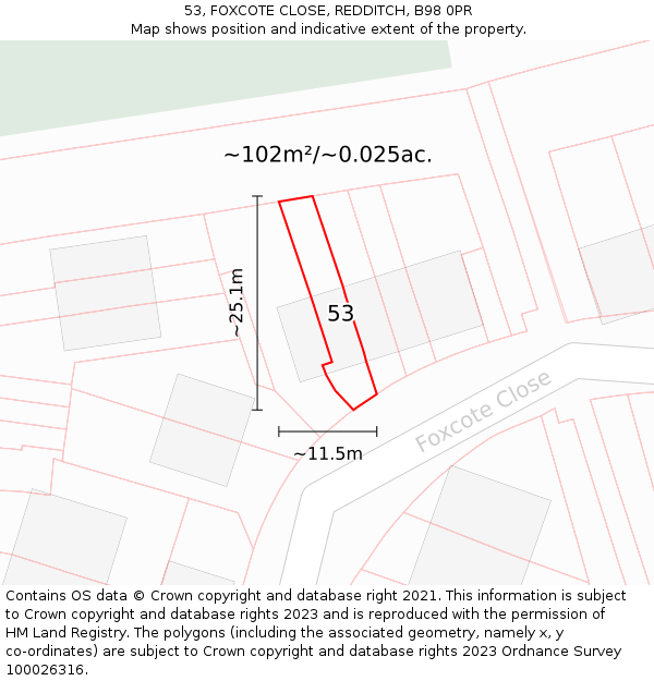 53, FOXCOTE CLOSE, REDDITCH, B98 0PR: Plot and title map