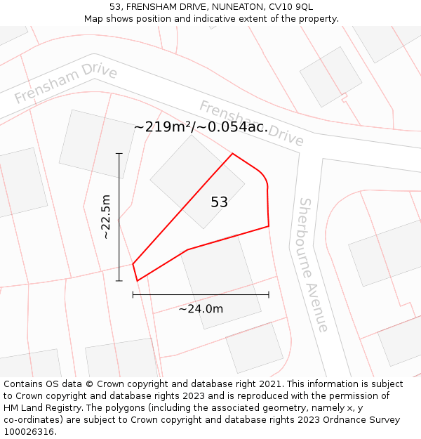 53, FRENSHAM DRIVE, NUNEATON, CV10 9QL: Plot and title map