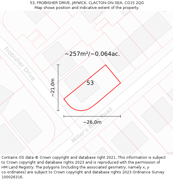 53, FROBISHER DRIVE, JAYWICK, CLACTON-ON-SEA, CO15 2QG: Plot and title map