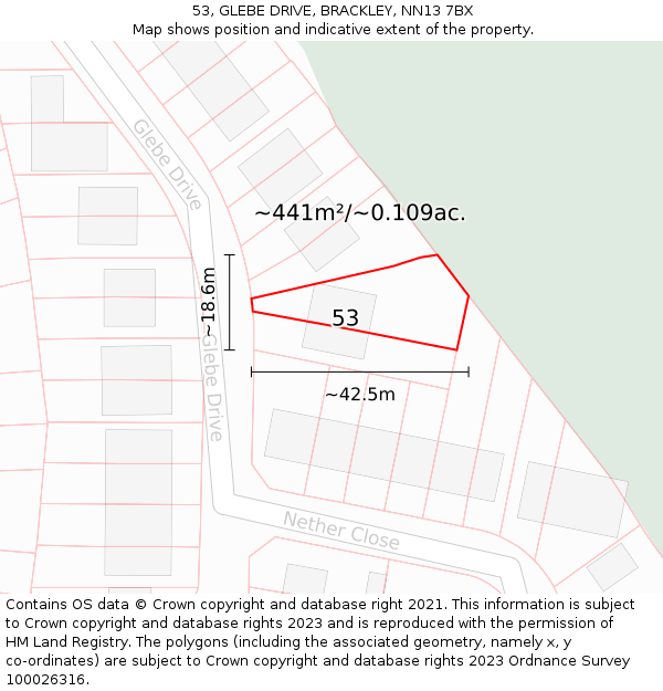 53, GLEBE DRIVE, BRACKLEY, NN13 7BX: Plot and title map