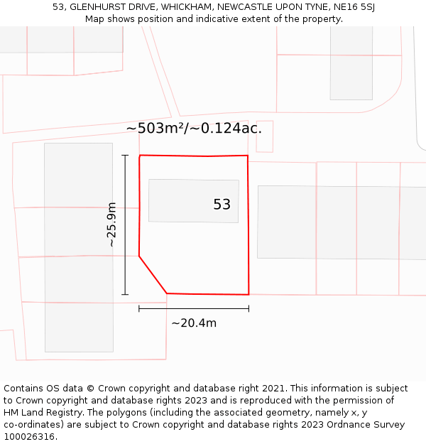 53, GLENHURST DRIVE, WHICKHAM, NEWCASTLE UPON TYNE, NE16 5SJ: Plot and title map