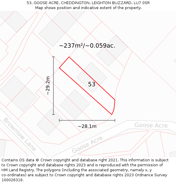 53, GOOSE ACRE, CHEDDINGTON, LEIGHTON BUZZARD, LU7 0SR: Plot and title map