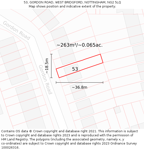 53, GORDON ROAD, WEST BRIDGFORD, NOTTINGHAM, NG2 5LQ: Plot and title map