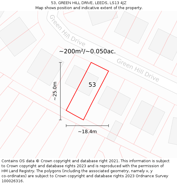 53, GREEN HILL DRIVE, LEEDS, LS13 4JZ: Plot and title map