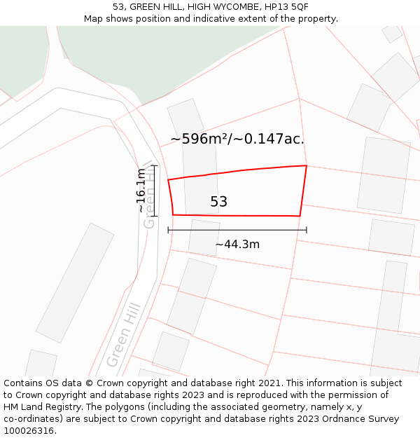 53, GREEN HILL, HIGH WYCOMBE, HP13 5QF: Plot and title map