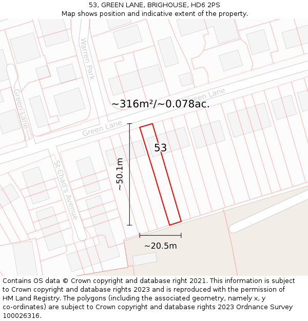 53, GREEN LANE, BRIGHOUSE, HD6 2PS: Plot and title map