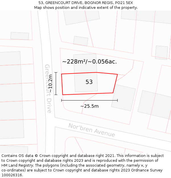 53, GREENCOURT DRIVE, BOGNOR REGIS, PO21 5EX: Plot and title map