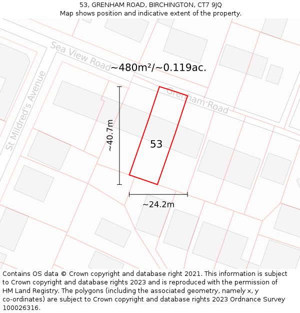 53, GRENHAM ROAD, BIRCHINGTON, CT7 9JQ: Plot and title map