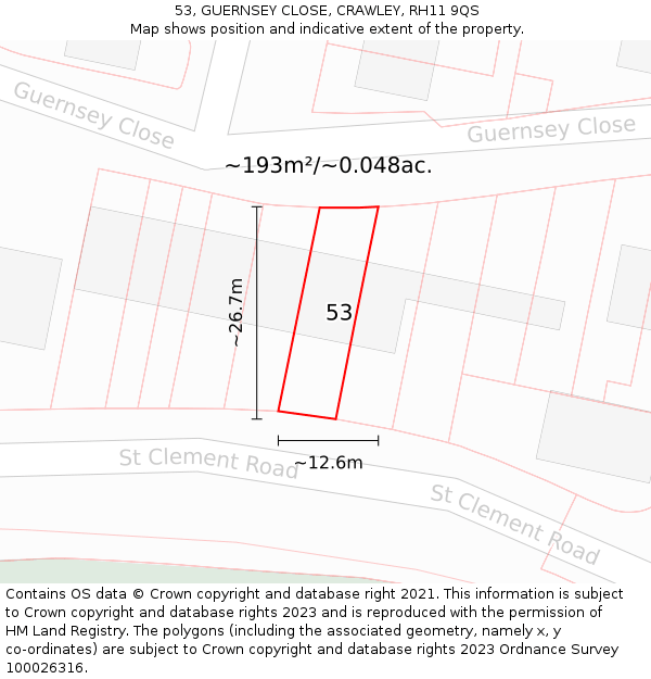 53, GUERNSEY CLOSE, CRAWLEY, RH11 9QS: Plot and title map