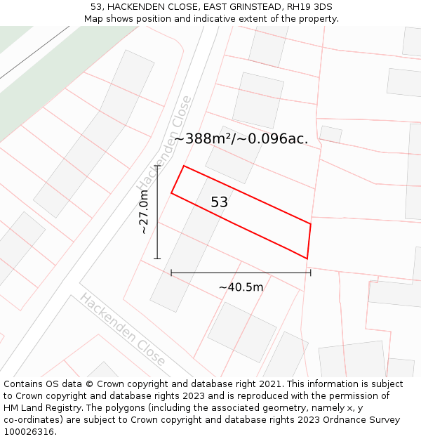 53, HACKENDEN CLOSE, EAST GRINSTEAD, RH19 3DS: Plot and title map