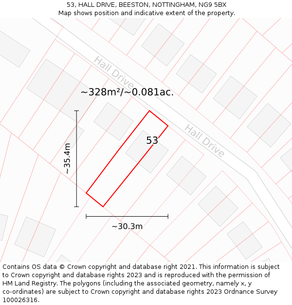 53, HALL DRIVE, BEESTON, NOTTINGHAM, NG9 5BX: Plot and title map