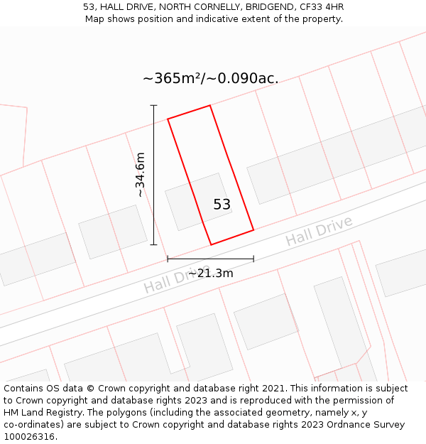 53, HALL DRIVE, NORTH CORNELLY, BRIDGEND, CF33 4HR: Plot and title map