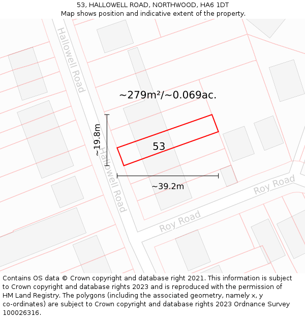 53, HALLOWELL ROAD, NORTHWOOD, HA6 1DT: Plot and title map