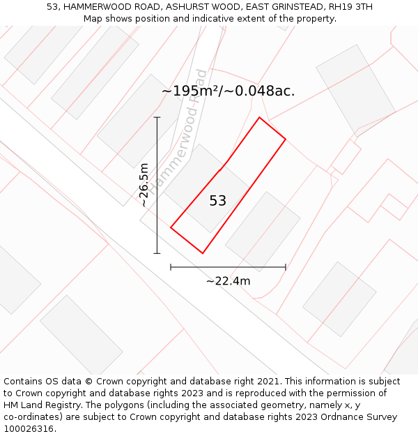 53, HAMMERWOOD ROAD, ASHURST WOOD, EAST GRINSTEAD, RH19 3TH: Plot and title map