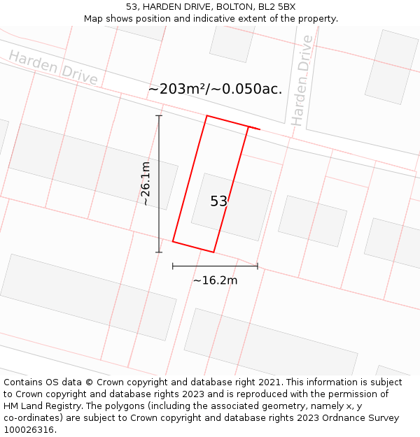 53, HARDEN DRIVE, BOLTON, BL2 5BX: Plot and title map