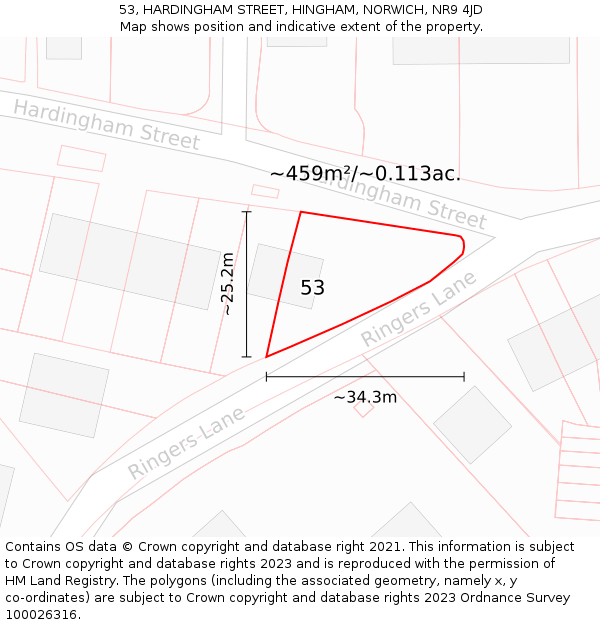 53, HARDINGHAM STREET, HINGHAM, NORWICH, NR9 4JD: Plot and title map