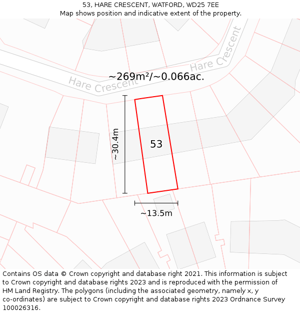 53, HARE CRESCENT, WATFORD, WD25 7EE: Plot and title map