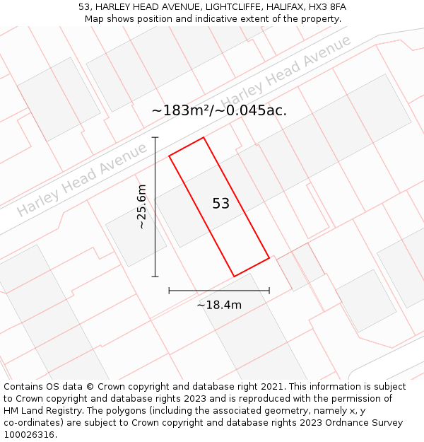 53, HARLEY HEAD AVENUE, LIGHTCLIFFE, HALIFAX, HX3 8FA: Plot and title map