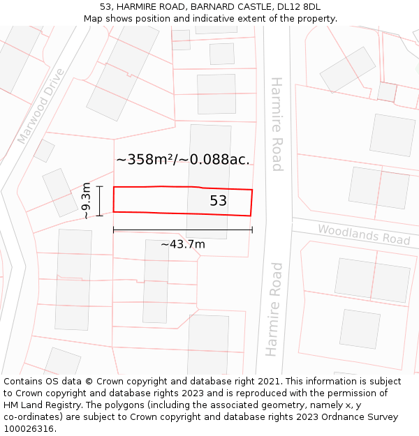 53, HARMIRE ROAD, BARNARD CASTLE, DL12 8DL: Plot and title map