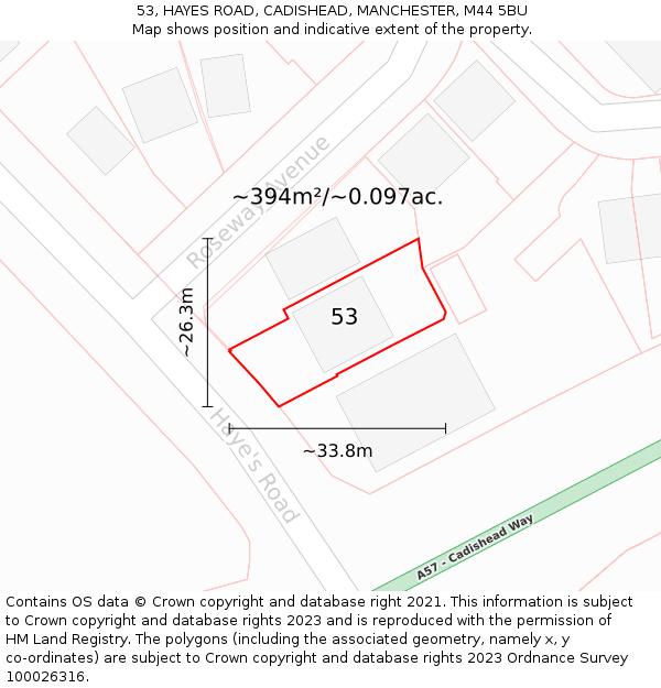 53, HAYES ROAD, CADISHEAD, MANCHESTER, M44 5BU: Plot and title map