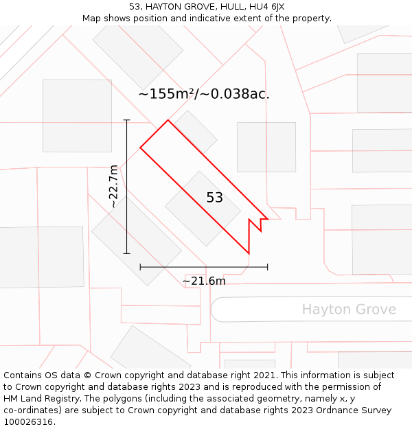 53, HAYTON GROVE, HULL, HU4 6JX: Plot and title map