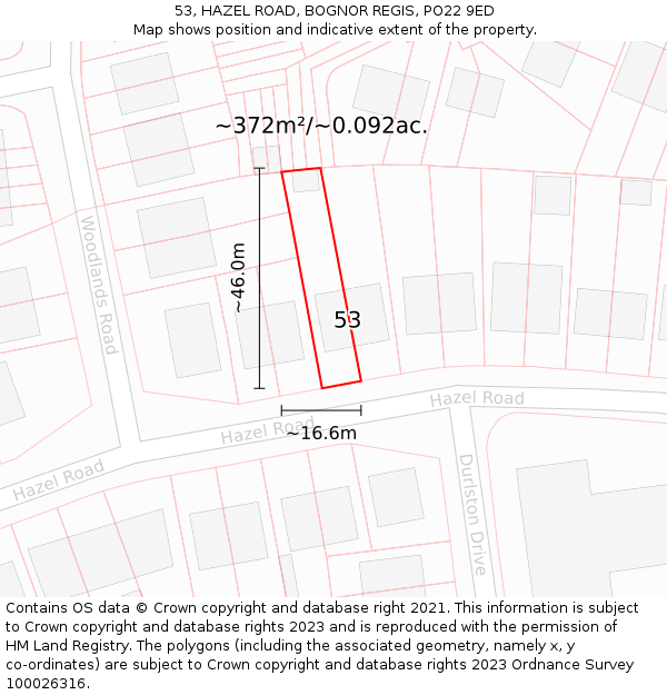 53, HAZEL ROAD, BOGNOR REGIS, PO22 9ED: Plot and title map